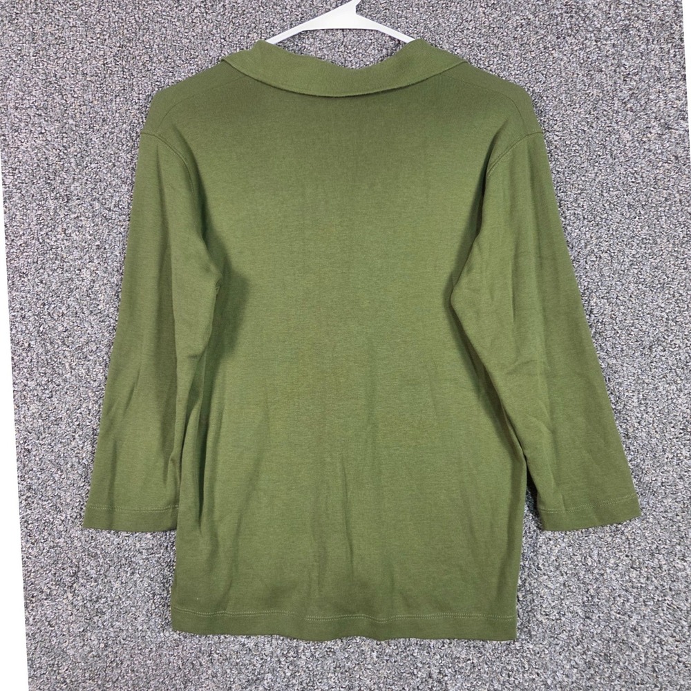 Jones Studio Polo Shirt Womens Medium Green 3/4 Sleeve Cotton Split Neck Ribbed - Picture 2 of 9